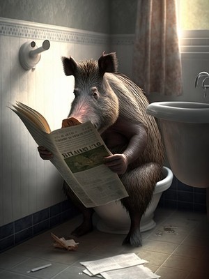 Wildschwein genießt Zeitung auf Toilette - amüsante Badezimmer Wanddeko A1-A4 Poster Kunst