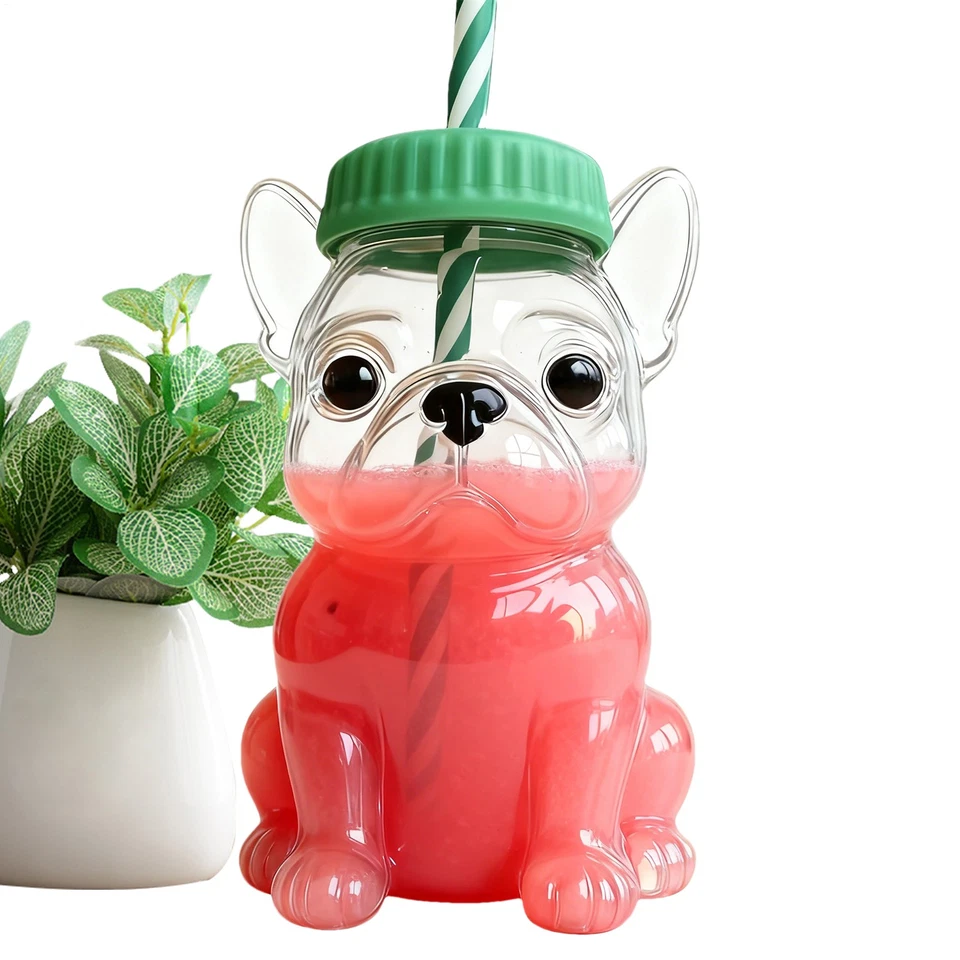 Taza de café helado reutilizable taza para sorber de paja para amante de perros taza de vidrio en forma de perro regalo Foto 3 de 4