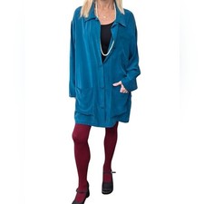 Vintage 90s Carole Little 100 Silk Teal Oversized Shirt Jacket Size 8