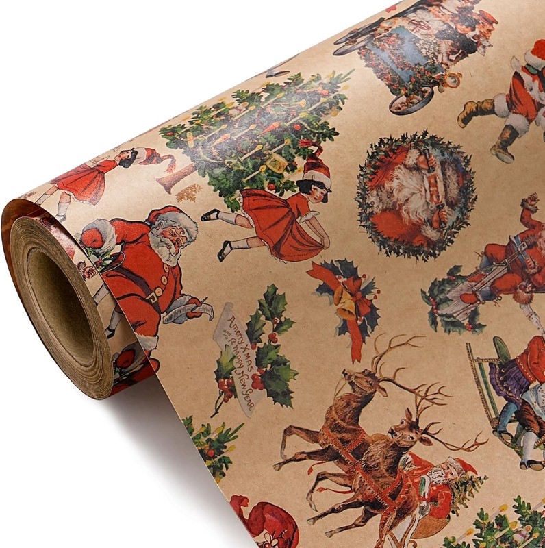Kraft Vintage Christmas Wrapping Paper - Mini Roll - 17 Inch x 16.5 Feet -