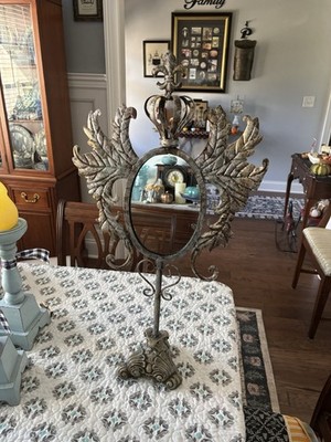 Vintage Look Mirror On Stand with Fleur de Lis Finial Silver Color Metal