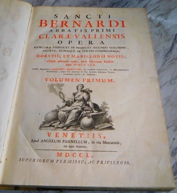 1750 Venice Sancti Bernardi Opera Omnia 3 vols in 2 Folio Mabillon Notes Latin - Image 3 of 4