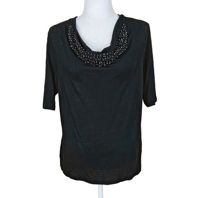 Gerry Weber Black Linen Top US 12 Studded Draped Cowl Neck Short Sleeves