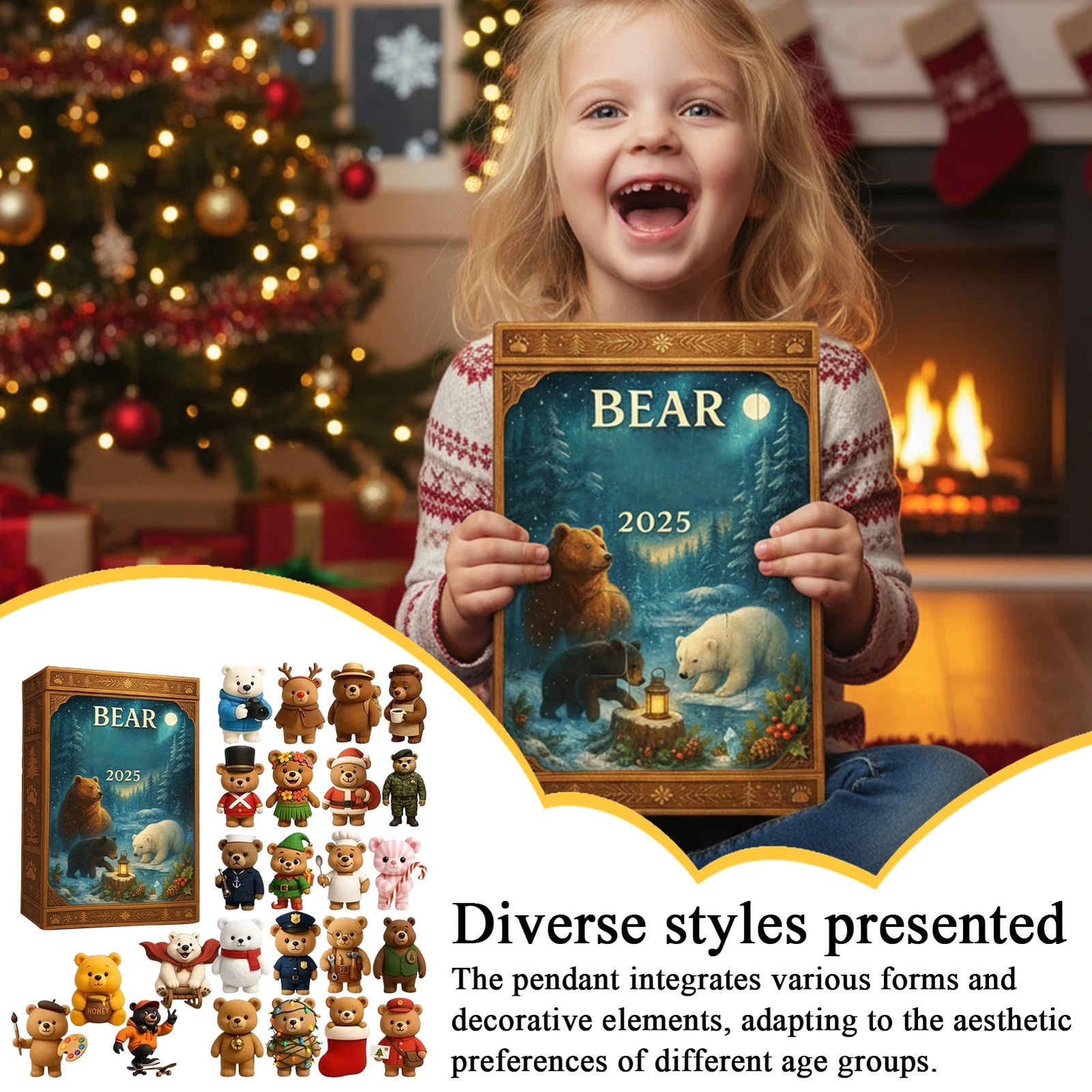 2025 Christmas Countdown Bear Advent Calendar 2D Acrylic Tree Ornaments