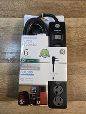 GE 6-Outlet Surge Protector, 10 Ft Extension Cord, Power Strip, 600 Joules Black