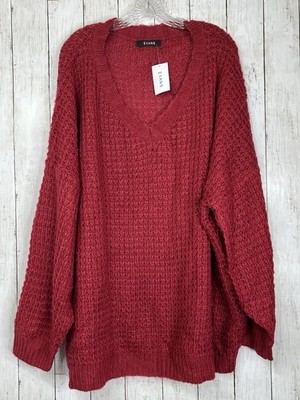 Evans Red Sweater 26/28 Women's Plus Loose Knit V-Neck Tunic Acrylic NWT