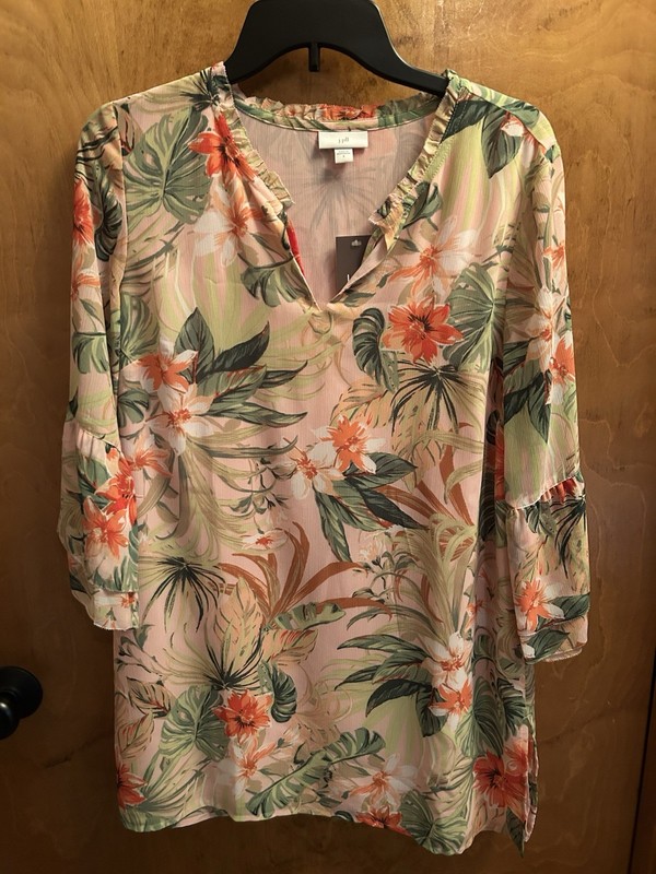 J Jill SZ S Pink Tropical Floral Print Jacquard Poly 3/4 Flare Sleeve Tunic Top