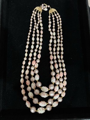 Vintage Japanese Necklace 4 String Pink Beads Gold Clasp