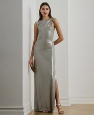 Lauren Ralph Lauren Metallic Jersey Column Gown Women's 12 Silver Back Zipped