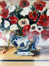Vintage Original Art Floral Still Life Watercolor Painting Oriental Poppy Flower