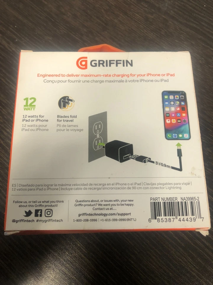 Griffin Wall Charger Block + 3' Lightning Cable (12 watt/2.4 amp) MFi-Certified - Image 2 of 2