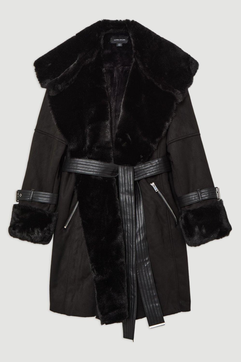 Karen Millen Shearling Collar & Cuff Belted Short Coat Vegan Black ~ Sz 6 NWT