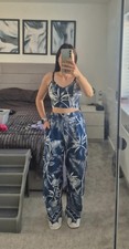Shein Co-ord Matching Set Size XS Blue White Outfit Trousers Crop Top Summer Set