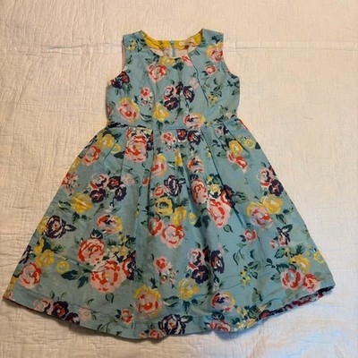 Mini Boden Girls Floral Linen-Blend Pleated Dress - Blue Multi-Color Size 9-10Y