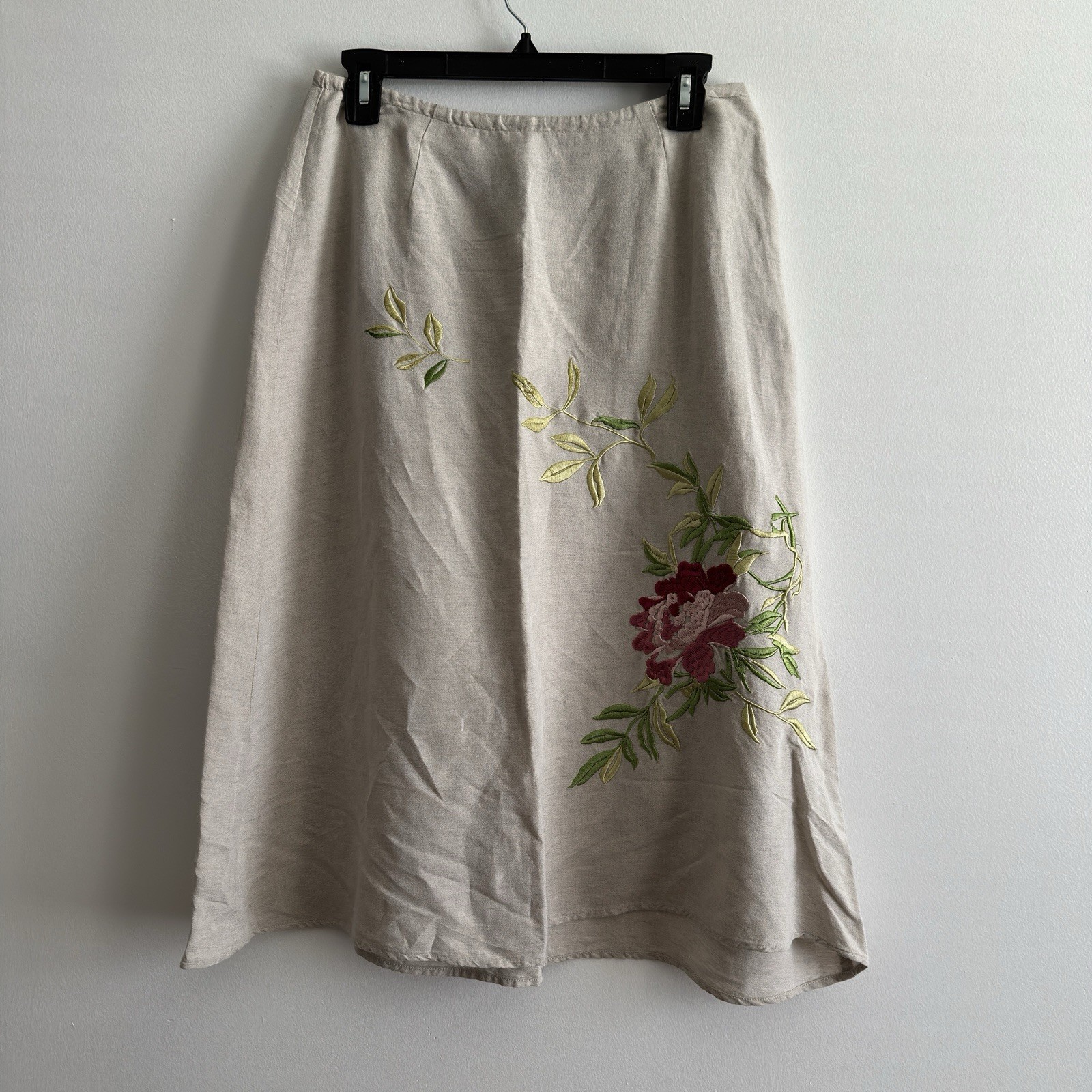 Van Heusen Women's Beige Linen Blend Embroidered Floral A-line Midi Skirt Small