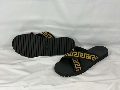 VERSACE BLACK NASTRO GRECA CROSS STRAP SANDALS Size 14 EU SPB JA-367275 (367275)