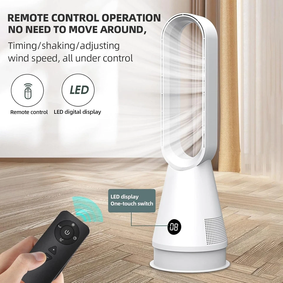 Blue Bladeless Tower Fan 8-Speed LED Display Quiet Cooling 9H Timer 32dB Modern - Image 3 of 4