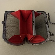 Vintage Silver Metal Mesh Coin Purse Wallet w/ Chain, Red Fabric Interior
