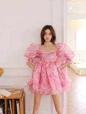 Printing Square Collar Puff Sleeve Above Knee Mini Dress+US SELLER