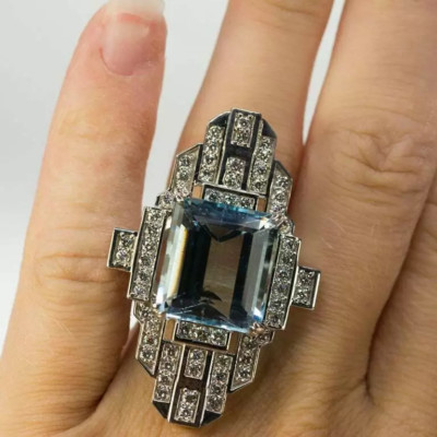 Geometric Transparent 21.36CT Aquamarine With 2.48CT Shiny CZ Amazing Women Ring