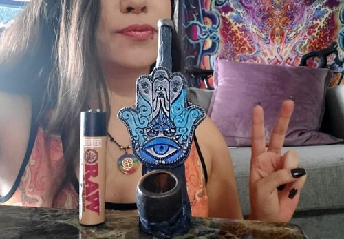 Blue Hamsa Hand Handmade Tobacco Smoking Hand Pipe Spiritual Evil Eye of Fatima - Picture 6 of 7