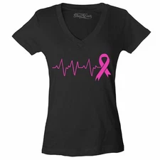 Heartbeat Pink Ribbon Women's V-Neck T-shirt Breast Cancer Awareness Support Tee