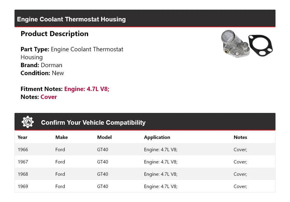 Carcasa termostato refrigerante motor Dorman V8 4,7 L Ford GT40 1966-1969 1967 Foto 2 de 4
