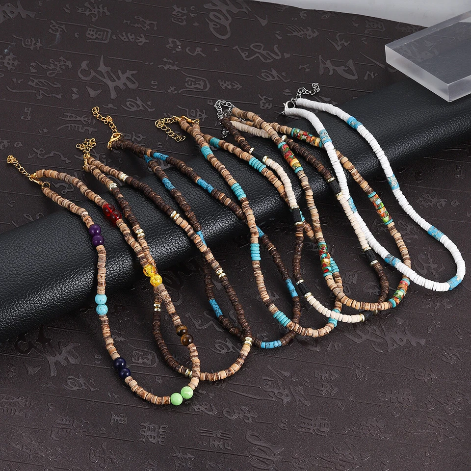 Juego de 7 piezas de collar con cáscara de coco marrón Bohemia Surfer para hombres conjunto de joyas de playa Foto 3 de 4