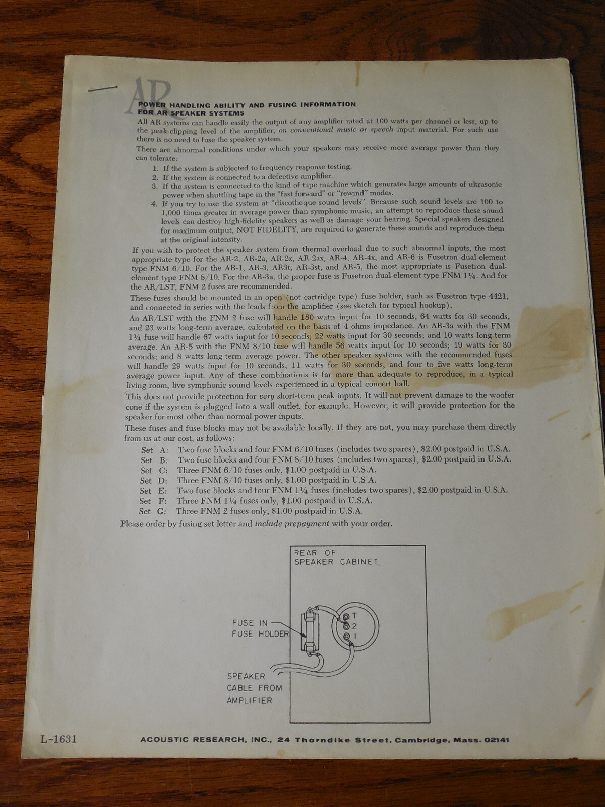 AR Acoustic Research Speaker modification service bulletin