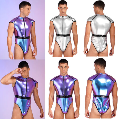 Herren Wetlook Metallic Catsuit Overall mit Handschuhe Stringbody Alien Kostüm - Bild 3 von 49
