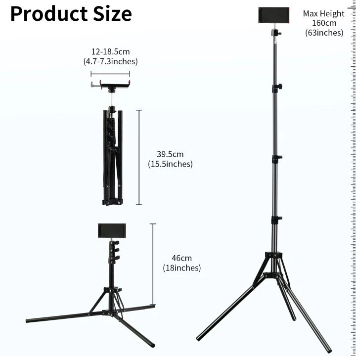 Supporto treppiede da pavimento per tablet 63" supporto telefono regolabile per iPad 4"-10,9" - Immagine 3 di 4