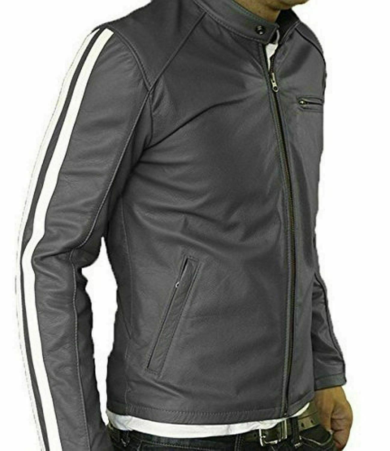 ALTRA Giacca cappotto uomo vera pelle di agnello striscia bianca moto biker slim fit grigio