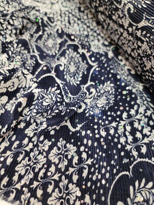 Navy Blue and White Pleated Stretch Fashion Fabric By The Yard Ikat Pattern Dres