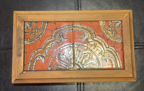 Wooden Trinket Jewelry Box Hinged Inlaid Orange Brown Spanish Tiles 8"x5"x3.5" - Picture 2 of 9