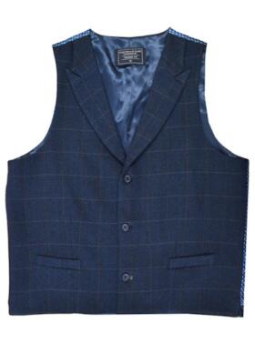 Marineblau karierte Tailored Fit Wollweste Weste Gilet mit Kontrastpunkten hinten