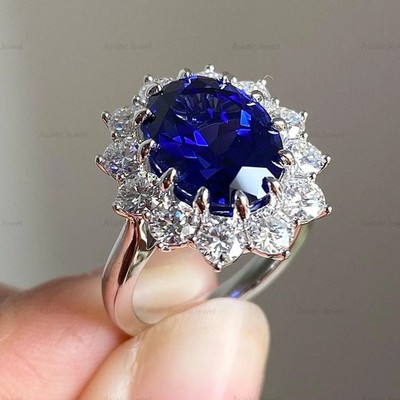6.00Ct Oval Cut Natural Sapphire Diamond Engagement Ring 14K White Gold Size 8.5