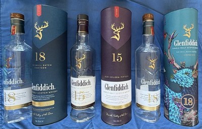 Glenfiddich 18 15 & 18 Empty Bottle And Box/Tin Scotch Malt Whisky Scotland Deer