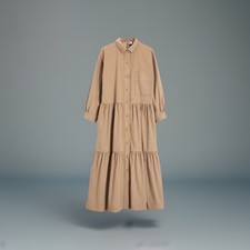 Kin Dark Beige Corduroy Tiered Long Midi Shirt Dress With Pockets 'Flaw' Uk 8