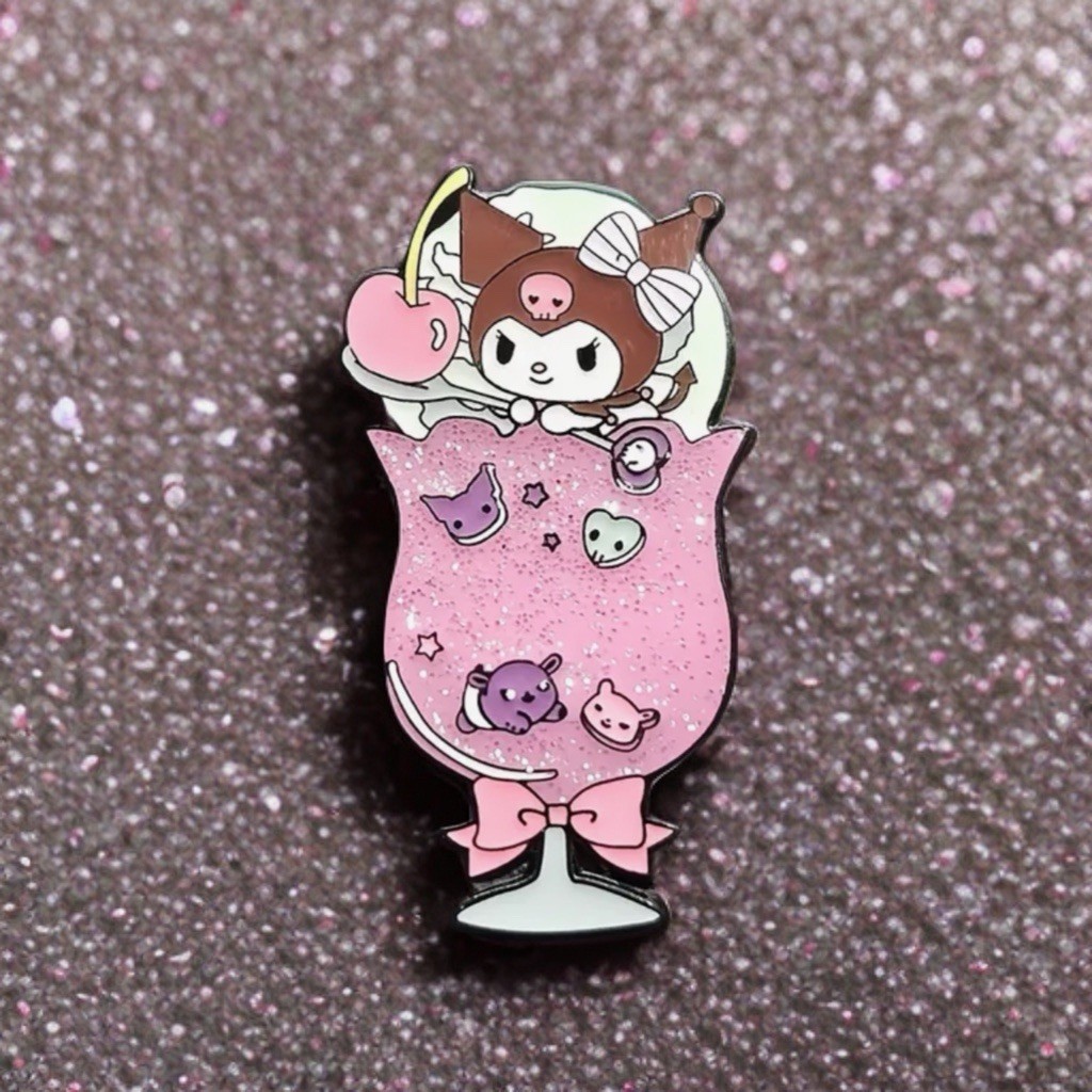 Glitter Enamel Pin - Kuromi In Cream Soda Boba With Baku, Kawaii Cafe 1.5”