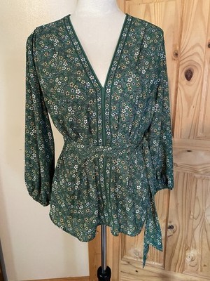 MAX STUDIO Green Floral Prairie Boho Belted Top SZ Medium
