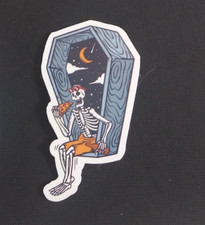 Skeleton Drinking Eating Pizza In Coffin Sticker 2.5" x 1.38" (AD)