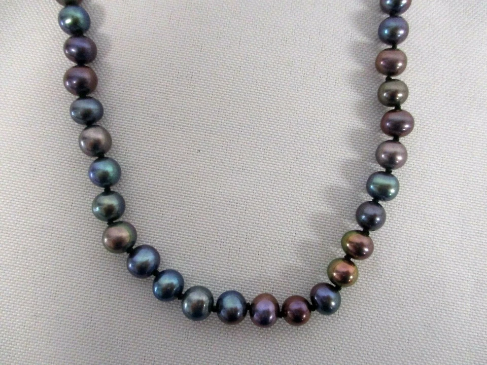 GENUINE BLUE GREEN & APRICOT PEARL CHOKER NECKLACE w 14K FIC GOLD CLASP 15 1/2" - Image 2 of 4