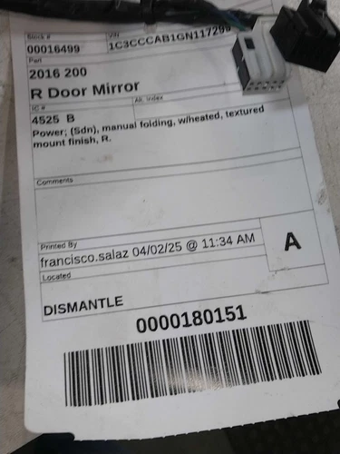 Used Right Door Mirror fits: 2016 Chrysler 200 Power Sdn manual folding w/heated