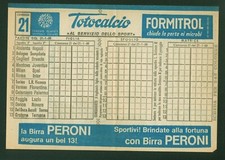 SCHEDINA TOTOCALCIO NUOVA DEL 21.01.1968 PUBBLICITA PERONI CYNAR FORMITROL (a5)