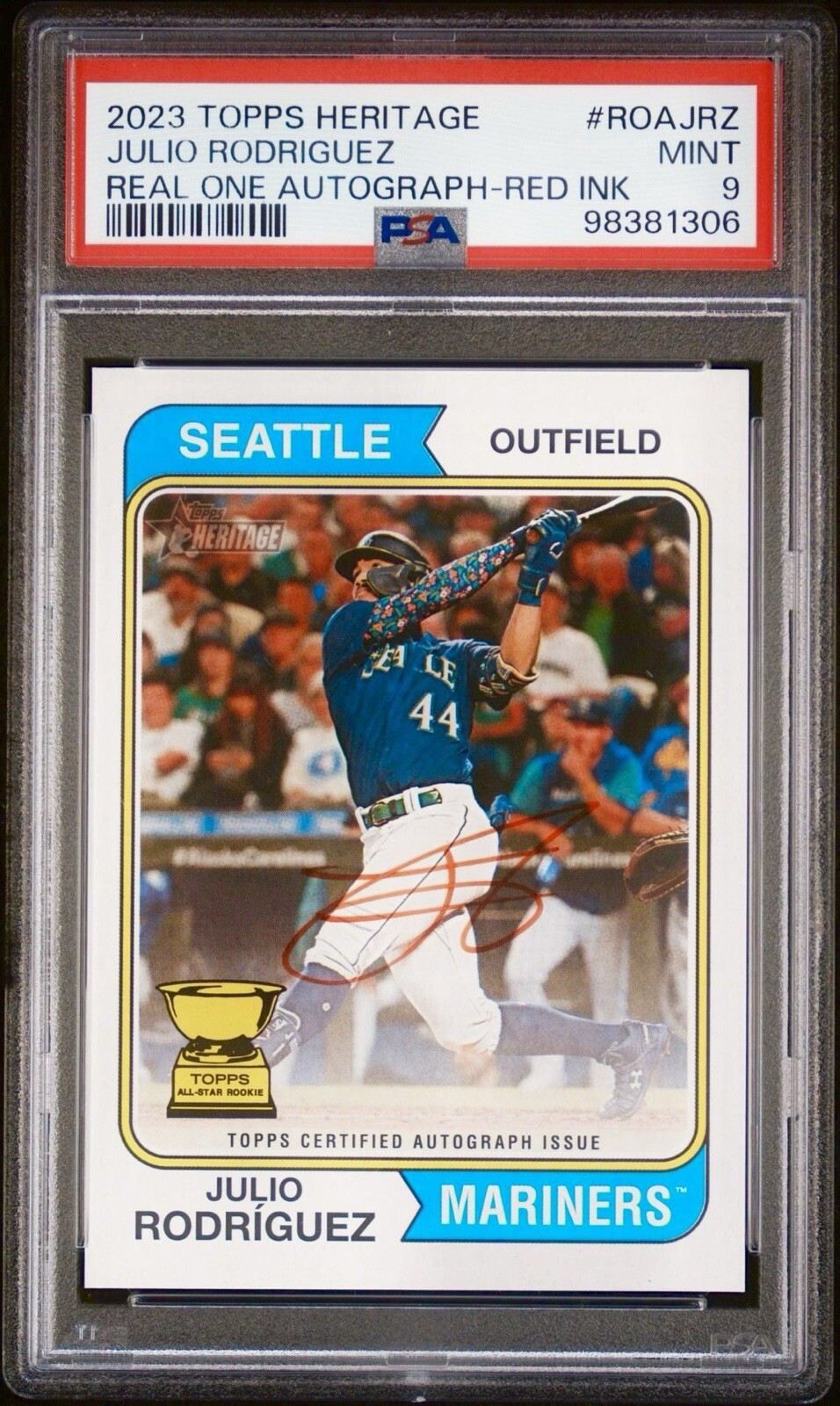 2023 Topps Heritage Julio Rodriguez #/74 - Real One Auto - Red Ink - PSA 9