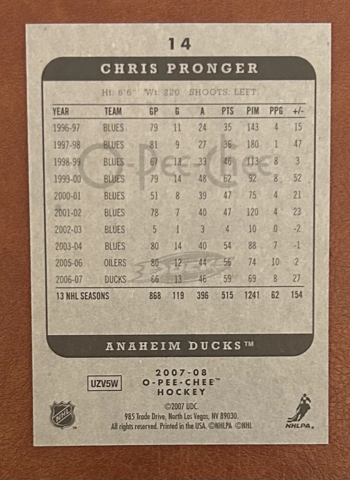 Chris Pronger 2007-08 O-Pee-Chee #14 Anaheim Ducks - Image 2 of 2