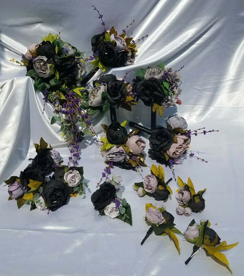 15 Pc Dusty Purple, Lavender, Black Wedding Bouquet Set, Vintage Bouquet Package - Image 2 of 4