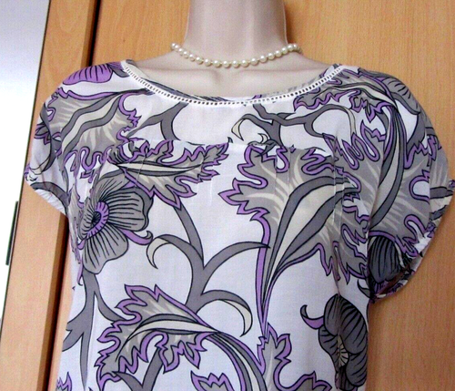 Ladies Fat Face Floral Print Cotton Blend Top Size 10 White Lilac Grey NEW - Picture 2 of 5