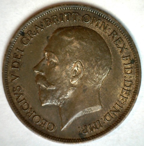 1917 Great Britain Bronze Penny 1c UK Large Cent Coin Extra Fine Circ George V - Picture 2 of 2