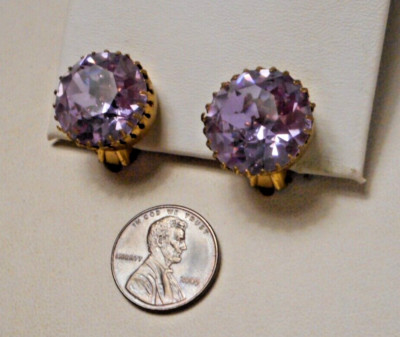 1950s Lavender Purple Rhinestone Headlight Clip Earrings marked AUSTRIA